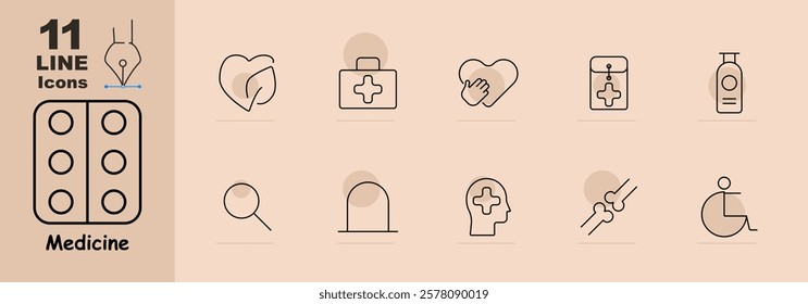 Medicine set icon. Prescription, pills, heart, first aid kit, dropper, toothache, monitor, crosshair, folder, patient profile. Icons healthcare, treatment, medical records, and emergency assistance