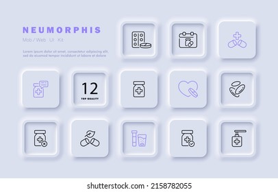 Medicine Set Icon. Reminder About Pill, Treatment, Doctor, Cardiology, Antibiotics, Penicillin, Syrup, Antiseptic. Health Care Concept. Neomorphism Style. Vector Line Icon For Business And Advertising