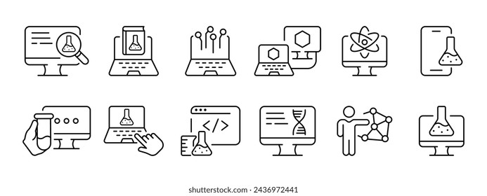 Medicine set icon. Search for a cure, literature, modern technologies, data transfer, physics, proportions, medicine, DNA, communications, neurobiology, chemistry. Vector line icon.