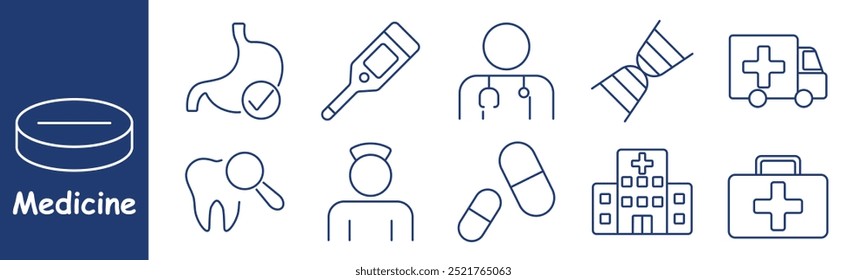 Medicine set icon. Stomach, thermometer, doctor, DNA, ambulance, pills, nurse, hospital, medical kit, genetic testing, healthcare service, patient care, emergency response, health examination