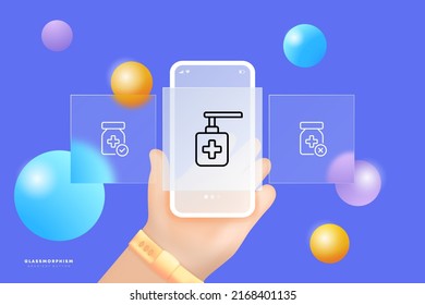 Medicine set icon. Tablet, tick, cross, antiseptic, liquid soap, syrup, pharmacy, first aid kit, hospital. Health care concept. Glassmorphism. UI phone app screens. Vector line icon for Business