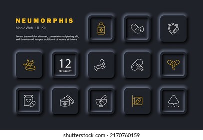 Medizin setzt Symbol. Tabletten, Kapseln, Apotheke, Anästhesie, Kardiologie, laufende Nase, Arzt, Krankenhaus. Konzept der Gesundheitsversorgung Neomorphismus-Stil. Vektorsymbol für Unternehmen und Werbung