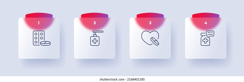 Medicine set icon. Tablets, plate, antiseptic, liquid soap, cardiology, heart, pulse, syrup, pharmacy. Health care concept. Glassmorphism style. Vector line icon for Business and Advertising