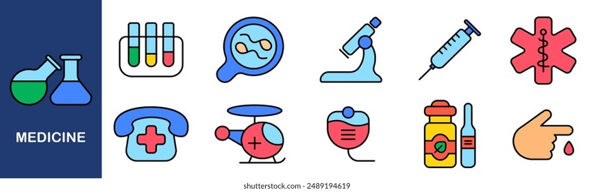 Symbol für Arzneimittelgruppe. Reagenzgläser, Mikroskop, Injektion, Krankenwagen, Medizin, Telefon, Blut, Hubschrauber, Forschung, Gesundheitswesen, Behandlung, medizinische Ausrüstung, Notfall.