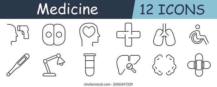 Medicine set icon. Thermometer, scanner, heart, cross, lung, wheelchair, robot arm, test, liver, brain, patch, posture