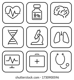 Medicine set icons. Thin line Icons Set consisting of Heart, Medicine, Brain, Neuro, DNA, RNA, Microscope, Analysis, Lungs, Pneumonia, Monitoring, Medicine, Treatment, Therapy. Medicine set icons