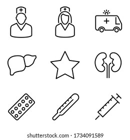 Medicine set icons. Thin line Icons Set consisting of Doctor, Nurse, Ambulance, Liver, Medicine, Stomach, Kidney, Pills, Thermometer, Syringe, Lychee, Disease. Medicine set icons. Editable stroke icon