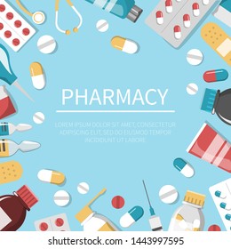 Medicine set illustration. Drug bottle, pill for first aid and plaster. Pharmacy and healthcare vector web banner. Disease treatment with tablet. Syringe for injection.