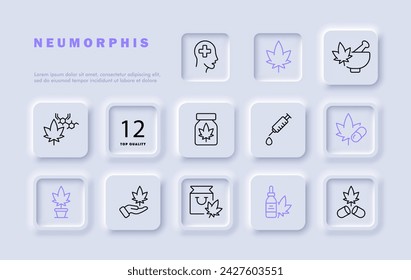 Medicine set line icon. Mortar, pestle, syringe, maple, natural ingredients, tablets, pot. Neomorphism style. Vector line icon for business and advertising