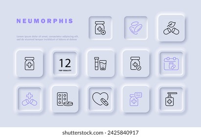 Medicine set line icon. Tablets, mortar, pestle, shield, treatment, natural ingredients. Neomorphism style. Vector line icon for business and advertising