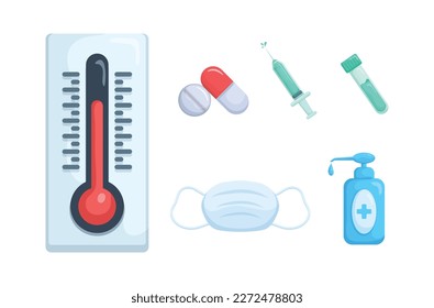 Medicine set. Medical instruments, diagnosis and treatment. Pills, first aid kit, thermometer, syringe,Face mask,COVID test kit
,disinfectant alcohol gel.