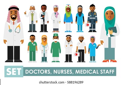 Medicine set with muslim arabic doctors and nurses in flat style isolated on white background. Practitioner young islam doctors man and woman in hijab standing. Medical staff