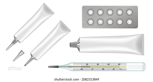 Medicine set: ointment tubes with long nozzles, vintage mercury thermometer, 10 tablets in blister pack