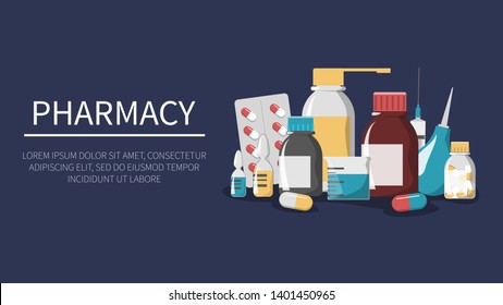 Medicine set. Pharmacy web banner. Drug bottle, pill, first aid kit and plaster. Pharmacy and healthcare. Disease treatment with tablet. Syringe for injection.