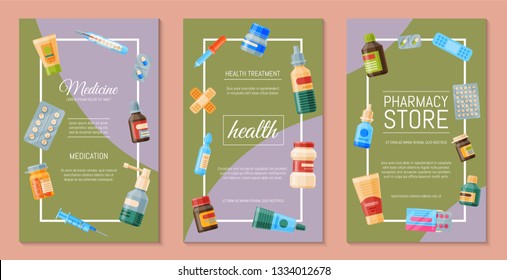 Medicine set of poster cards vector illustration. Medicine, pharmacy store, hospital set of drugs with labels. Medication, pharmaceutics concept. Different medical pills and bottles.