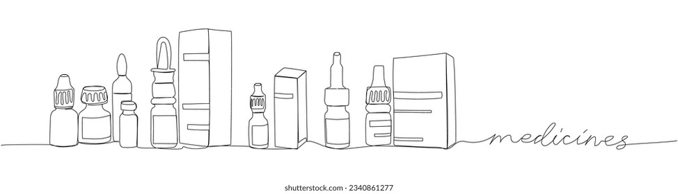 Medicine set. Spray, drops, cough syrup, constipation syrup, herbal tincture, medicine one line art. Continuous line drawing of medicine, therapy, allergy with inscription, lettering, handwritten.