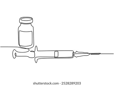 Medicine set with syringe and vial continuous line drawing. Healthcare concept. Vector illustration minimalist isolated on white background.