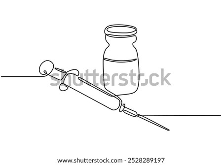 Medicine set with syringe and vial continuous line drawing. Healthcare concept. Vector illustration minimalist isolated on white background.