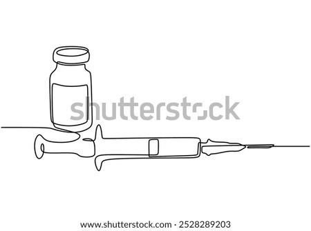 Medicine set with syringe and vial continuous line drawing. Healthcare concept. Vector illustration minimalist isolated on white background.