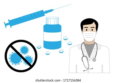 Medicine set: tablets, syringe, masked Doctor, stop virus sign , isolated on a white background. Stock illustration