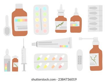 Medicine set of vector illustrations including pills, oinment, nasal drops, cough syrop, throat spray, injection, pharmacy stickerpack, medical treatment objects and elements