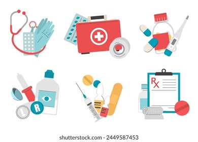 Vector de conjunto de medicina aislado. Ilustración de herramientas médicas. Tratamiento antibiótico, concepto de salud e industria farmacéutica. Pastillas, termómetro y estetoscopio.