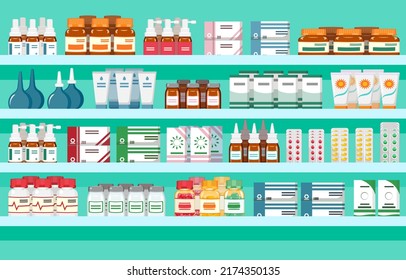 Estante de medicina. Muestra de farmacia. Fondo de ilustración vectorial con productos formacológicos.