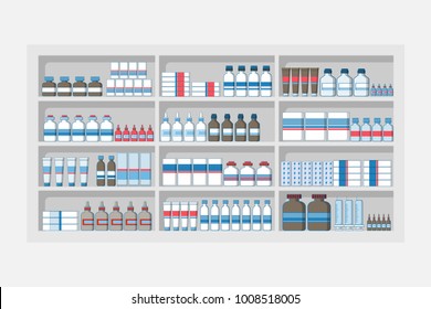 Medicine Shelves In Pharmacy Shop, Drugstore, Medical Concept Flat Style  Illustration Vector.