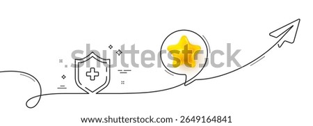 Medicine shield line icon. Continuous line with share plane. Medical protection sign. 3d star in speech bubble. Medical shield single line ribbon. Loop curve pattern. Vector