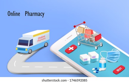 Medicine With Shopping Cart And Delivery Truck For Online Pharmacy