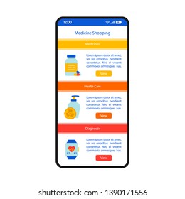 Medicine shopping smartphone interface vector template. Mobile app page white design layout. Drugs, meds purchase screen. Flat UI for application. Online pharmacy, health care equipment. Phone display