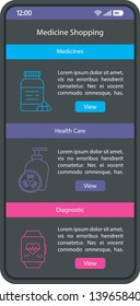 Medicine shopping smartphone interface vector template. Mobile app page black design layout. Drugs, meds purchase screen. Flat UI for application. Online pharmacy, health care equipment. Phone display