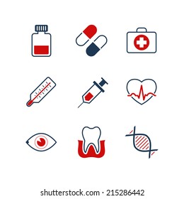 Medicine simple vector icon set - bottle, pill, thermometer, syringe, tooth, eye, heart and dna 