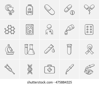 Medicine sketch icon set for web, mobile and infographics. Hand drawn medicine icon set. Medicine vector icon set. Medicine icon set isolated on white background.