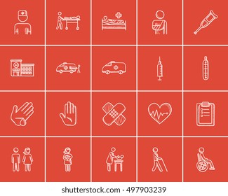 Medicine Sketch Icon Set für Web, Mobile und Infografiken. Handgezeichnete Medizin-Ikone-Set. Medicine Vektorsymbol-Set. Medizinische Symbol einzeln auf rotem Hintergrund.
