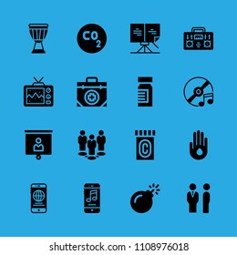 medicine, smartphone, first aid kit, drum, compact disc, managers, group, presentation and sheet music vector icon. Simple icons set