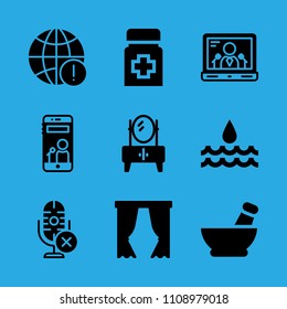 medicine, smartphone, mortar, worldwide, water, microphone, cupboard, curtains and laptop vector icon. Simple icons set