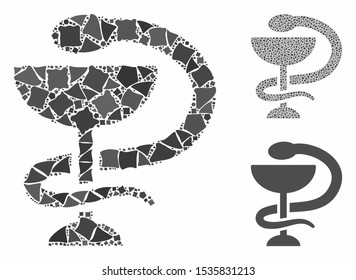 Medicine snake emblem composition of humpy elements in various sizes and color tints, based on medicine snake emblem icon. Vector humpy items are combined into collage.