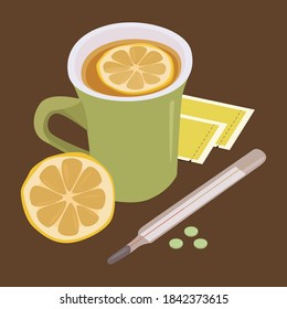 Medicine for sore throat, flu, runny nose, flu, cough.Flu treatment at home. Flat illustration of a cup,lemon slice. Colds and therapy. Vector picture for postcards, banners and your creativity.