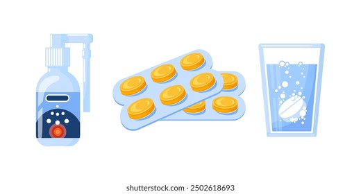 Medicine for sore throat. Local antiseptic solution in a nebulizer with a cannula and in effervescent tablets. Inflammation of the oropharynx, pain. Lollipops, lozenges for sore throat. pharyngitis.