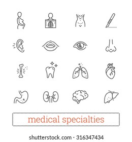 Medicine specialties thin line icons: diagnosis, medical, surgical. Human body systems, internal and sensory organs, surgical tools, diagnostic equipment. Design elements for web & mobile app.