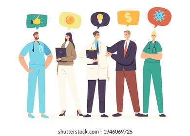 Concepto de Patrocinio de Medicina. Personaje de negocios visita hospital como patrocinador, encuentro con doctores que ofrecen apoyo, donaciones y ayuda en asuntos financieros. Ilustración de vectores de personas de caricatura