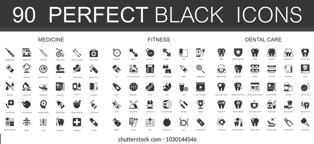 Medicine, sport fitness, dental care black classic icon set.