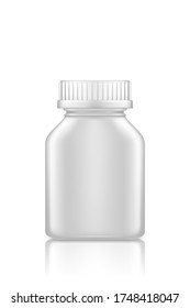 Medicine square bottle mockup isolated on white background. Plastic package design. Blank sport or dietary nutrition, healthcare template. 3d realistic vector illustration