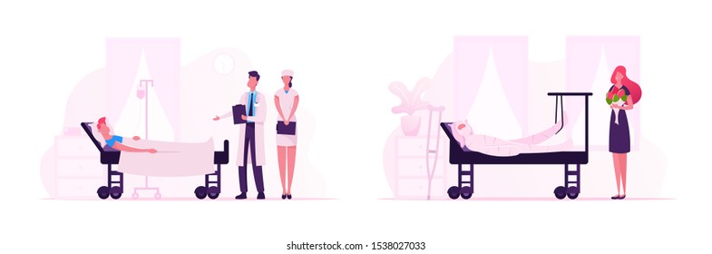 Medicine Staff and Visitors in Traumatology Department in Hospital. Girl with Bouquet Visit Friend in Clinic. Doctor and Nurse Chamber Detour for Patient Treatment. Cartoon Flat Vector Illustration