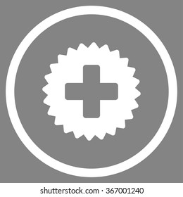 Medicine Stamp vector icon. Style is flat circled symbol, white color, rounded angles, gray background.