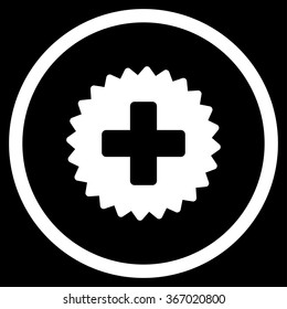 Medicine Stamp vector icon. Style is flat circled symbol, white color, rounded angles, black background.