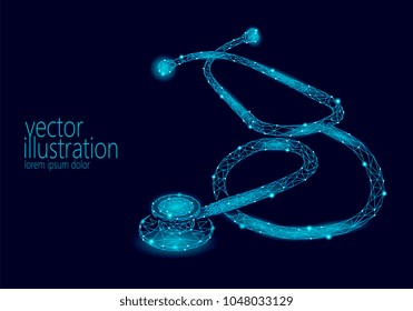 Medicine stethoscope low poly health care World Day. Polygonal 3D model medical science research doctor nurse equipment vector illustration