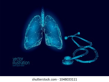 Medicine stethoscope low poly lungs health care World Tuberculosis Day. Polygonal 3D model medical asthma science research doctor nurse equipment vector illustration