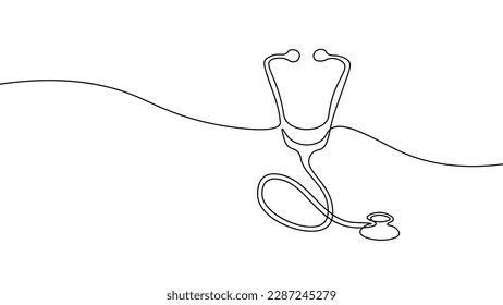 Medicine stethoscope single continuous line art. Health care World Day medical science research doctor nurse equipment silhouette concept design one sketch online drawing white vector illustration